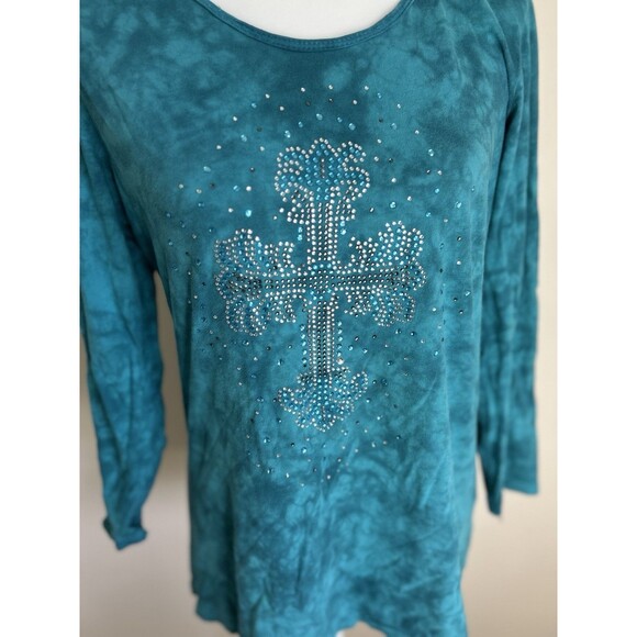Reba Top Womens Medium Blue Western Tribal Embroidered Cross Embellished Studded - Picture 2 of 6